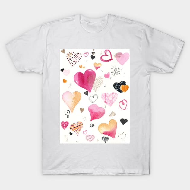 Pretty pink and golden watercolor hearts pattern T-Shirt by Wolshebnaja